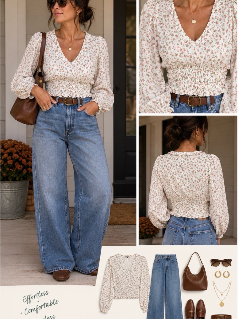 NWT 1. State Cream Floral Smocked V-Neck Blouse